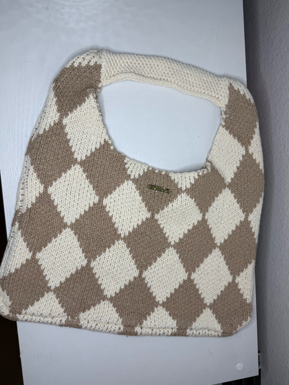 Cream & Taupe Argyle Knit Shoulder Bag Kopari